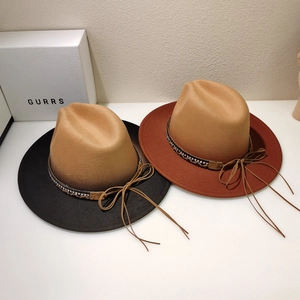 Two-tone wool felt Fedora hats with metallic trim and rhinestone accents in British style