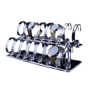 Double-tier clear acrylic watch display stand with black base for counter showcase