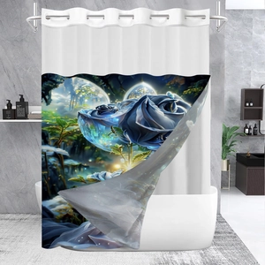Detail of blue rose waffle print shower curtain with reinforced metal hooks on top