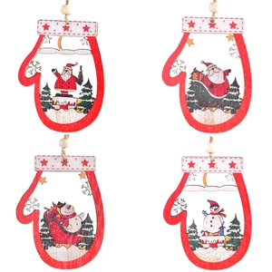 Set of four wooden glove-shaped Christmas ornaments with Santa Claus and Snowman designs