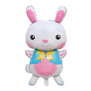 Cartoon white bunny foil balloon with blue vest and yellow bow for Easter party decoration