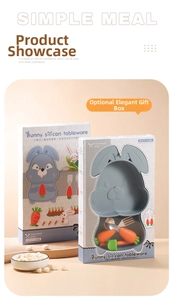 Detail of bunny silicone plate with stainless steel fork and spoon set in a gift box