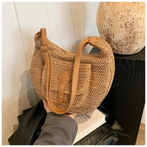 Women Straw Woven Shoulder Bag Summer Beach Vacation Half Moon Hobo Bag With PU Leather Strap Large Capacity Casual Tote
