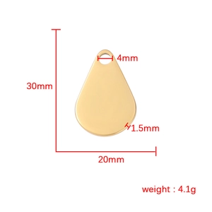 Polished gold stainless steel water drop pendant 30x20mm with dimensions and weight info