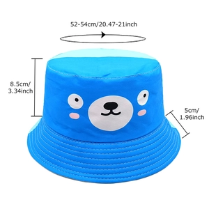 Blue kids bucket hat with cute bear print and size specs for 52-54cm head circumference