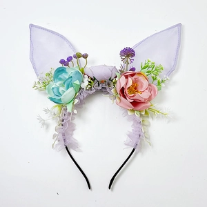 Cerchietto orecchie di coniglio in rete lavanda con rose artificiali e pizzo romantico