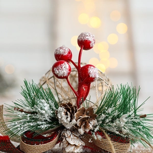 Christmas tree hanging ornament with red berries, pine cones and plaid burlap ribbon decor