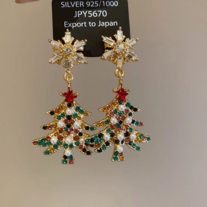 Macro view of Christmas tree earrings with colorful rhinestones and 925 silver needles