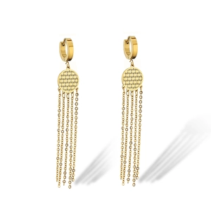 Detail of gold tree of life hoop earrings featuring long chain tassels and hollow pattern