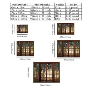 Size chart for forest landscape wall tapestry with five dimensions and weight details