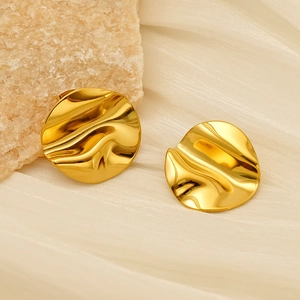 18k gold plated stainless steel stud earrings with irregular wrinkled ripple texture