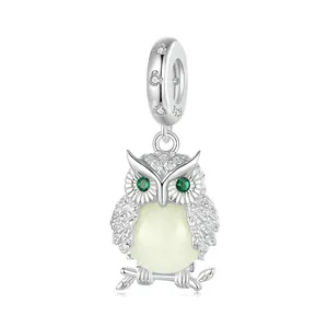 925 Sterling Silver Luminous Owl Pendant Glow In The Dark Charm With Green Zirconia For DIY Jewelry Making Women Accessory