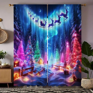 Detail of Christmas curtains with Santa and reindeer over a magical snowy forest scene