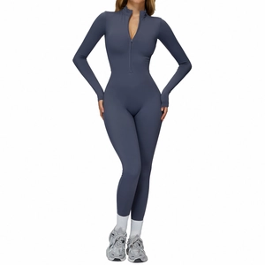 Slim fit thermal long sleeve yoga jumpsuit with front half-zip in dark charcoal grey