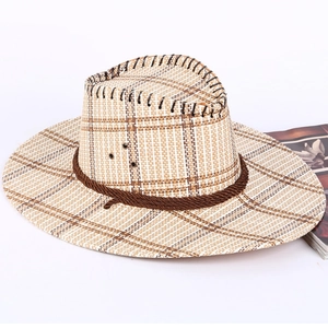 Classic straw cowboy hat with brown plaid pattern and braided decorative rope band