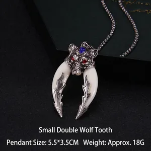 Double wolf tooth stainless steel pendant necklace with blue gemstone on black background
