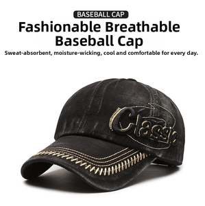 Detailed close-up of retro washed denim baseball cap with Classic 3D embroidery and stitching