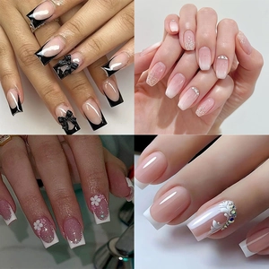 Uñas Postizas a Presión Francesas Elegantes Cuadrado Largo Forma Ataúd Con Lazo De Strass Flor 3D Degradado Para Mujeres