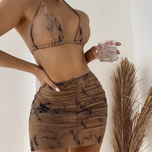 Three-piece marble print bikini set with ruched mini skirt in khaki and black