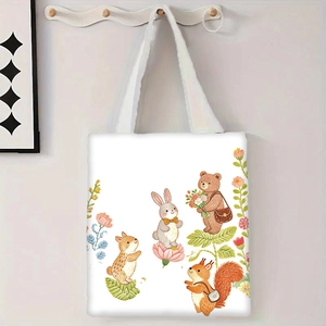 Gros plan du sac en toile avec illustration florale d'un ours et d'un lapin mignons