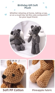 Macro detail of plush teddy bear featuring textured pineapple fabric and bow tie