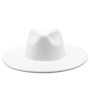 Detail view of a white wide-brim wool fedora hat with classic triple-creased crown design