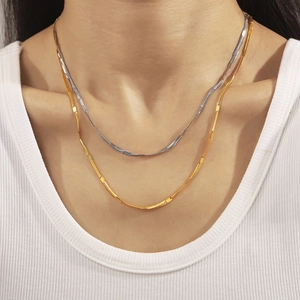 Layered gold and silver stainless steel herringbone blade chain necklace for women