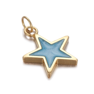 Y2K gold metal star pendant with light blue enamel inlay and top loop for DIY jewelry