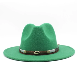 Close-up of bright green wool fedora hat with ethnic belt and shell buckle detail