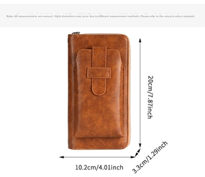 Close-up of brown textured leather wallet with mobile phone pocket and zipper closure