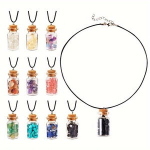 Detail view of mini glass bottle pendants with assorted natural stone chips and wax cord