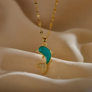 Dolphin Pendant Necklace Gold Plated With Zircon Cat Eye Stone Marine Animal Jewelry For Women Clavicle Chain