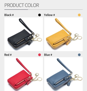 Detailed grid view of leather coin purses in black, yellow, red, and blue colors
