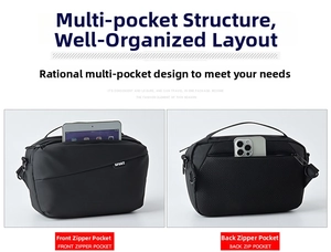 Nylon sling bag with functional front and back zipper pockets for tablets