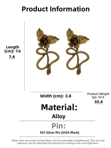 Detailed size specifications for vintage snake and rose earrings with 925 silver pins