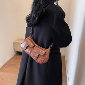 Vintage Motorcycle Underarm Bag For Women PU Leather Retro Hobo Shoulder Purse With Double Front Pockets And Metal Buckles