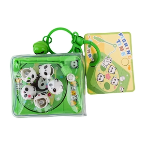 Cute panda fishing game keychain with green ring and small bell for backpack decor