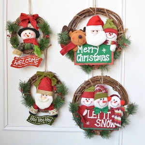 Christmas Wreath Rattan Hanging Garland With Santa Snowman Reindeer Plush Figures Holiday Door Wall Decor
