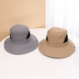 Detail view of large brim sun hats with breathable mesh and premium stitching for UV protection