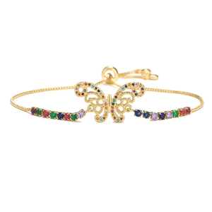 Detail of 18K gold-plated butterfly bracelet featuring colorful cubic zirconia stones