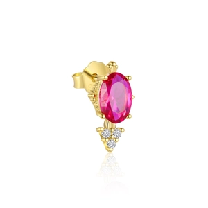Macro shot of S925 silver stud earring with pink oval stone and white zircon details