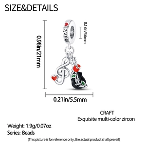 Detailed view of guitar charm with red rose and music notation showing 21mm height dimensions