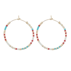 Orecchini a cerchio dorati boho con perline colorate Miyuki rosse blu e bianche