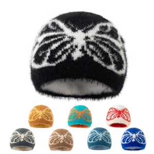 Women Winter Butterfly Pattern Knitted Beanie Hat Warm Plush Jacquard Cuff Hat Outdoor Windproof Cold Weather Beanie