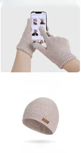 Detail showing beige knitted winter hat and touch-screen gloves with warm ribbed texture