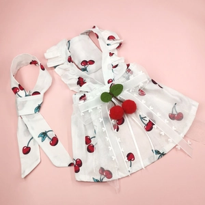 Pet wedding dress with cherry print, white lace ruffles and matching bow headband for cats