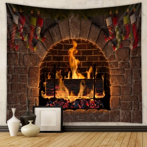 Close-up of bohemian Christmas tapestry featuring a cozy fireplace and festive stockings