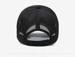 Back view of black mesh baseball cap featuring breathable fabric and adjustable strap closure