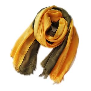 Linen cotton gradient scarf in yellow and dark olive green with fringe details