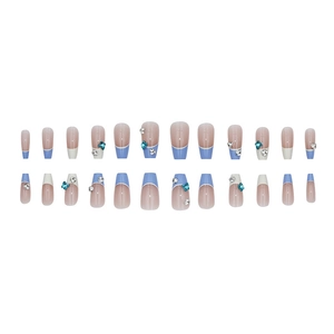 French blue butterfly press-on nails set with 24 pieces featuring crystals and diamonds